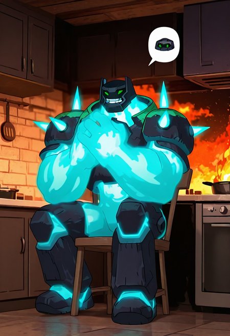 masterpiece, best quality, amazing quality, very aesthetic, absurdres, newest, , detailed background, 
 movie scene, cinematic scene, cinematic, foreground blur, depth of field, 
shckrck, glowing, shoulder spikes, green eyes, helmet, neon trim, blue fire, big arms, massive arms, blue arms, no humans, 
in kitchen, sitting on chair, fire background, speech bubble, burning house, teeth, smile,