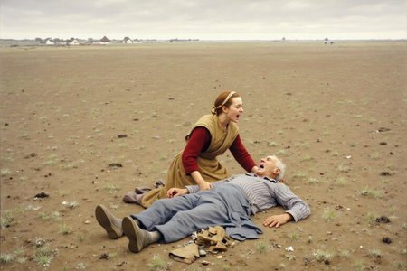 hansandersenbrendekilde1 painting. 
An elderly man lies on his back on the ground in a sandy landscape, wearing a blue outfit and striped shirt. A woman in a red and beige outfit kneels beside him, yelling and crying for help. The background features a field with sparse vegetation and small conical huts. <lora:hansandersenbrendekilde1_cap_d8a4e11:1.0><lora:855168463600101034:0>