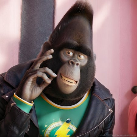 High quality, masterpiece, black jacket, Green shirt, pants,  no humans, confident, Sing_movie, male, throat, black fur, teeth, hand up, sexy, face shot, tank top, furry, gorilla, j0hnny_sing, Johnny_sing, Illumination Studios style, smiling, teeth