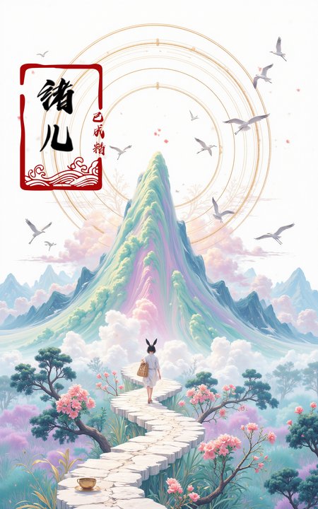 rabbit, no humans, sitting, flower, steam, cup, food, closed eyes, blush, gradient, gradient background, mountain,

stunningly beautiful,Blue and purple smoke，white background，
The golden lines depict the outline of a mountain peak, there are green clouds, a circle of thin lines around the mountain, a person carrying a bamboo basket walking on a path in the mountain, the sky in the distance there are several cranes flying, some peach blossoms inlaid with gold, flying with the wind, the tilted picture, from the sky overlooking the perspective, Chinese ink artistic conception, new meticulous painting, in the style of dreamy landscapes, physically based rendering,  villagecore, winslow homer, aerial view, distorted reality, orient-inspired，
unconventional supreme masterpiece,masterful details,temperate atmosphere,see-through,sunlight,Klein Blue flower,scenery,light particles,red theme,star (sky),night sky,scenery,starry sky,sunset,silhouette,