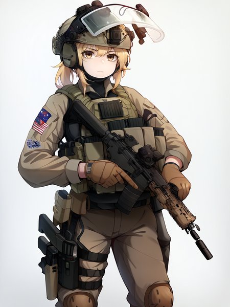 score_9, score_8_up, score_7_up, score_6_up, score_5_up,  <lora:tacticalclothesXLP:1> 1girl, weapon, gun, solo, gloves, helmet, white background, knee pads, bulletproof vest, military, pants, holding, brown pants,  simple background, assault rifle, tactical clothes, holding weapon, load bearing vest, blonde hair, magazine (weapon), looking at viewer, holding gun, holstered weapon, closed mouth, american flag, long sleeves, holster,