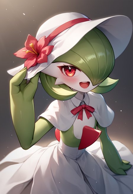 score_9, score_8_up, score_7_up,  <lora:gardevoir:1>ï¼1girl, adjusting_headwear, arm_up, blush, bob_cut, bonnet, clothed_pokemon, commentary_request, flat_chest, gardevoir_\(fashionable\), green_hair, green_skin, hair_over_one_eye, happy, hat_flower, heart, highres, looking_at_viewer, one_eye_covered, open_mouth, partial_commentary, red_eyes, red_flower, red_trim, short_hair, smile, solo, two-tone_skin, white_capelet, white_hat, white_skin
