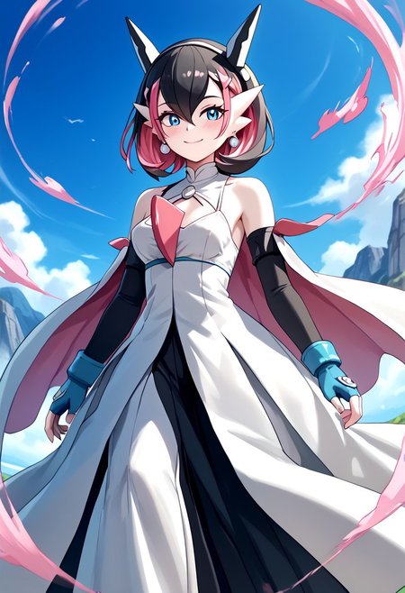 score_4,score_5,score_6,score_7_up,score_8_up,score_9 ((masterpiece,best quality,ultra detailed,highres,HD,4k:1.2)), 
1 girl,solo,face focus,
((Hair between the eyes,gardevoir, pokemon_\(creature\),two-tone skin, white skin,green_skin))
short hair,black hair,multicolored hair,Inner color pink hair,blue eyes,tattoo,black head gear,earrings,very small breast,
Elbow gloves,long skirt,Bare shoulders, corsets,cape,fingerless gloves,jewelry,
smile,.blush,light smile,