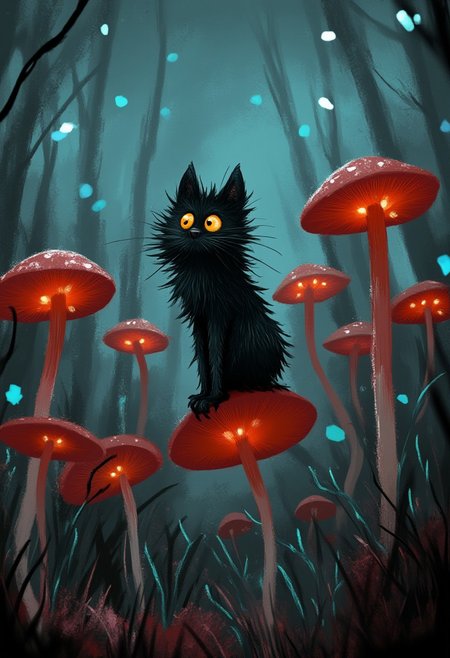 A whimsical illustration of a lanky black cat with spiky fur in dark whimsical art style, perching among crimson and turquoise glowing toadstools, digital painting with expressive brushstrokes showing textured fur, misty forest background, characteristic Tim Burton inspired design with luminous amber eyes