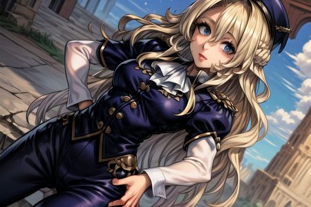 masterpiece, Lily Kokoschka , best quality, best quality, ultra-detailed, highres,sharp focus,(ultra detailed,extremely detailed), 1girl,(masterpiece, best quality), LilyKOKOSCHKA, 1girl, solo, long hair, small breasts, blonde hair, hair between eyes, uniform, ascot, wavy hair, eyes visible through hair, white ascot, riding pants, hungry clicker, Hands on Hips,