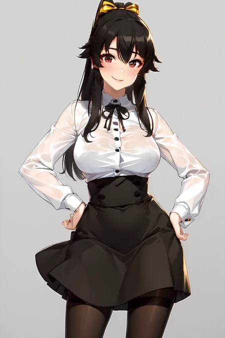 chobi, hair ribbon, sidelocks,
virgin killer outfit, high-waist skirt, standing, pantyhose, cowboy shot, grey background, 
1girl, pointing at viewer, hand on hip, light smile, 
 <lora:VirginKillerOutfit:1>, <lora:Chobi:0.8>
