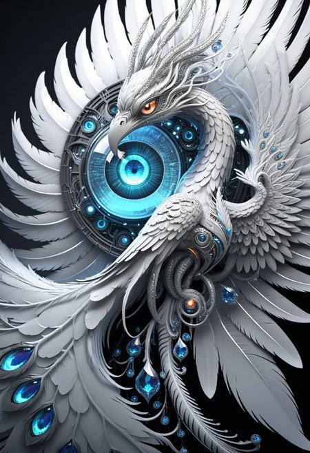masterpiece, (best quality), official art, extremely detailed cg 8k wallpaper, ((crystalstexture skin)), (extremely delicate and beautiful), highly detailed, WhiteMold, futuristic phoenix, 3D-printed feather plates, translucent crystalline texture, emerging from liquid resin, glowing eyes, cyber-mythology