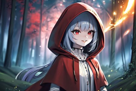 (masterpiece:1.4), 4K8K, (anime style), (high shutterspeed:1.4), (sharp edges), 
SyFyEye1, FanFo, upper body, 
woman leaning foward, smile, closed mouth, wearing red hooded cloak, linen dress, red eyes, 
(Detailed face, Detailed eyes, Detailed lips), (solo), 
Fantastic Forest at fantasy, Fantastic,