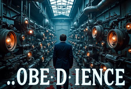 the words ...OBEDIENCE' written in large font fills the front of frame. In the back of frame weird man with in a dark room with checkerboard blue lotus PEOPLE ARE trapped inside machinery, people crushed inside mechanical gears, high gore arms crushed and bent, signs of wailing, people in business suits trapped in machinery. floors with blood on the ground with a white interior cyber tech electricity electical circuits illuminati symbols with brains and vaginas with high technology alchemical background lightning bolts