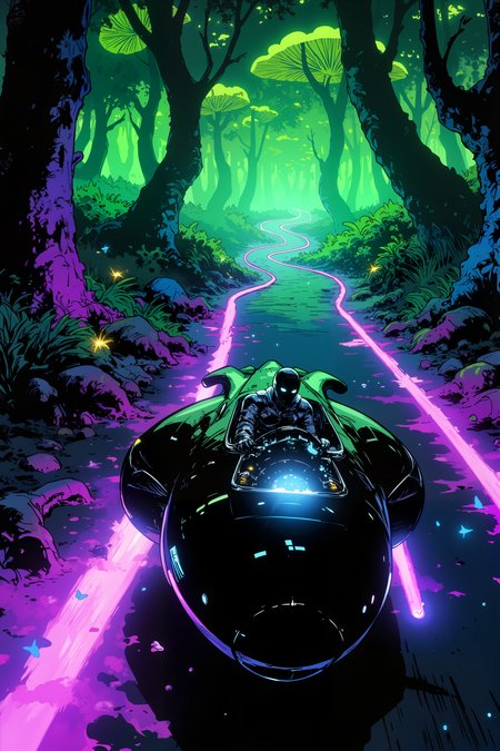 A sleek, serpentine vehicle glides silently along a road made of glowing, crystalline ribbons that twist and coil through an endless forest of colossal, bioluminescent mushrooms. The vehicleâs surface is smooth and black, reflecting the neon greens, purples, and blues of the glowing fungi. Its wheels are absent, replaced by a shimmering, liquid-like energy that ripples beneath it as it hovers just above the road. The ribbons of the road shift and curve unpredictably, spiraling around the towering mushroom stalks and disappearing into dense, glowing mist. Inside the cockpit, a figure with glowing white eyes and metallic silver skin adjusts the holographic controls, the dashboard flickering with incomprehensible symbols. The air is filled with the faint, musical hum of the mushroomsâ natural resonance, creating a surreal, hypnotic atmosphere. Firefly-like creatures flit around the vehicle, their tiny lights adding to the kaleidoscope of color. Far ahead, the road splits into countless ribbons, each branching into the mist and vanishing into the unknown. The scene feels alive, as though the forest and road are sentient, watching the vehicleâs every move. , detailed background  Fantastic lighting. Detailed shadows.intricate details, vivid colors, hyper-detailed, ultra-sharp, High resolution, high detail. Highly detailed. , <lora:Ev_Ganin:0.4><lora:Vintage comic book:0.4><lora:RetroAnimeFluxV1:0.15><lora:Greg_Capullo_style:0.4><lora:jeanClaude_Mzires_Style_FLUX-000001:0.4><lora:Flux_Ink_Anime:0.4>