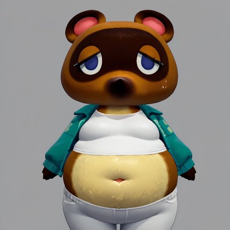 score_9, score_8_up, score_7_up, score_6_up, score_5_up, solo, best quality, 1girl, Tom Nook, Tanuki, Animal Crossing, furry, Brown fur, tan belly, eyelashes, animal ears, sweatsuit, midriff, tight clothes, chubby, belly