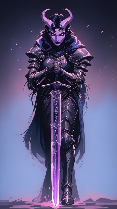 <lora:Tiefling__Fantasy__DND:1>,female,tiefling,pointed ears,horns,colored sclera,purple colored skin,long black hair,<lora:Both hand planted sword (pony) v1:0.8>,both-hand-hilt,planted sword,hands on hilt,holding sword,<lora:Knight_Armor:1>,armor,weapon,sword,solo,shoulder armor,holding weapon,full armor,cape,pauldrons,standing,knight,breastplate,, <lora:Dark Retro Scifi Pony Style V2:0.3> D4rkR3troSc1f1 ,<lora:OldAnimeStyle_XL_v3:.65> 1990s \(style\), Vintage,  <lora:retro-neon-style:0.3> retro_neon, score_9, score_8_up, score_7_up, score_6_up,  <lora:Smooth Anime 2 Style SDXL_LoRA_Pony Diffusion V6 XL:0.65>, <lora:add-detail-xl:1>
