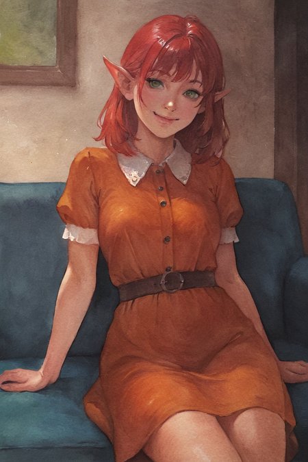 masterpiece, best quality, highres, newest, traditional media, realistic, watercolor \(medium\), elf, pointy ears, red hair, medium hair, green eyes, orange dress, collared dress, medium dress, short sleeves, smile, 1girl, solo, looking at viewer, cowboy shot, sitting, on couch, blue couch, indoors, living room <lora:OIS - Red Lion [LoRA] - NoobAI-XL EPS 1.0:0.8>