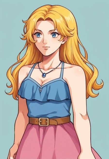 score_9, score_8_up, score_7_up, source_anime, BREAK <lora:zs_FE9PortraitsXL:1> fe9portraits, solo, cowboy shot, simple background, 1girl, <lora:NSHaleyStardew:1> NSHaleyStardew, long hair, blonde hair, blue eyes, blue camisole, cleavage, pink skirt, jewelry, bare shoulders, sleeveless, necklace, belt, spaghetti strap