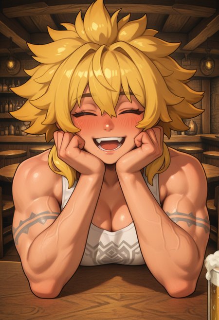 masterpiece, best quality, Graphic Design, color art, vibrant colors, colorful, intricate details, high contrast, detailed background, beautiful detailed, beautiful face, detailed eyes, detailed face, new, newest, raidtrunda, 1girl, solo, blonde hair, closed eyes, (muscular:1.2), dynamic pose, white tank top, bar, table, upper body, beer, perspective, head rest, smile, open mouth, drunk, blush,