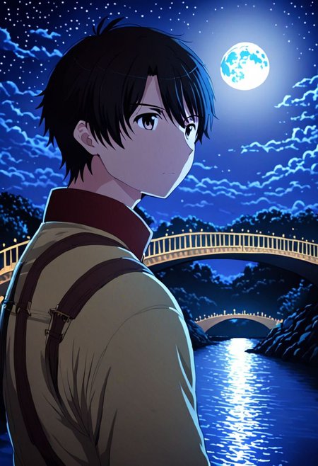 high resolution, solo, best quality, 1Boy, Inaho Kaizuka, Black Hair, depth of field, moon, fantastic night, dreamlike, midle of bridge, OverallDetail
