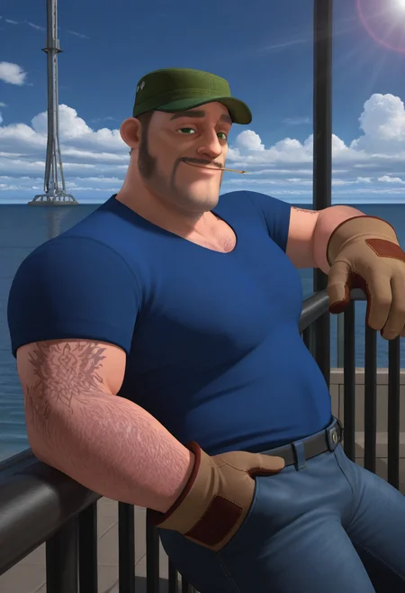 1boy, day, sunlight, leaning back, (upper body), light smile, looking at viewer, against railing, facing viewer, casual, hand in pocket, holding match in mouth,
BREAK
truckdriver, 3d, mature male, plump, green eyes, thick arms, arm hair, arm tattoo, chest hair, short hair, mustache, beard stubble, long sideburns, thick eyebrows, pectorals, 
BREAK
blue shirt, short sleeves, green headwear, brown gloves, jeans,
BREAK
blue sky, horizon, ocean, outdoors, cloudy sky, space elevator, outdoors,
BREAK
best quality, masterpiece, very aesthetic, absurdres, highest detailed, very awa, <lora:Truck_driver_from_The_Son_of_Bigfoot_v0.1:1>