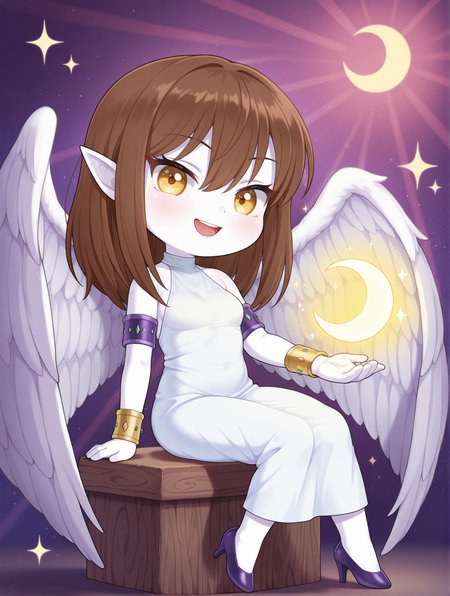 maiden of the moonlight, 1girl, solo, sitting, smile, angel wings, sparkle, moon, crescent, open mouth, looking at viewer, white skin, purple armband, gold bracelet, white sleeveless dress, chibi, high heels, crescent on hands, light rays,
masterpiece,best quality,amazing quality,very aesthetic,absurdres,newest,<lora:Maiden of the Moonlight & Millennium Moon illusXL v1.1:0.74>,