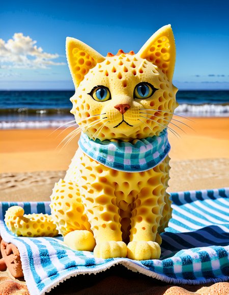 Photorealistic, a sponge cat sitting on a beach towel at the seaside. The cat is made entirely of sponge material, with a soft yellow color and visible sponge pores. The background features a sandy beach, ocean waves, and a bright blue sky. The lighting is natural and bright, with sunlight casting soft shadows on the sponge cat. The camera shot is a wide shot, capturing the sponge catâs pose and the detailed beach setting.
 <lora:SDXLHighDetail_v5:1>
