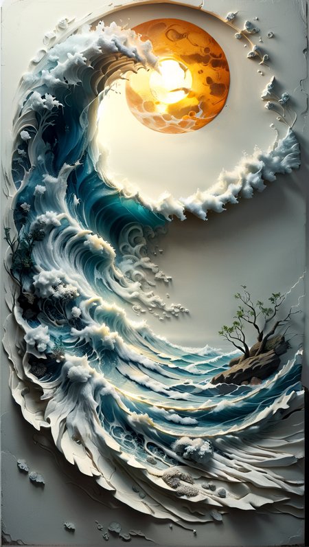 <lora:artfullyWHIMSICAL_SDXL_V1:0.9>, artwhmscl, romantic art, The fine painting shows a huge wave on a coast. The water is crystal clear so we can see the intricate patterns of light and shadow. In the distance we see the vastness of the ocean stretching to the horizon, its surface dotted with small waves. the sky is various shades of blue from deep navy blue to light sky blue. The sun casts a warm orange light over everything giving the scene a sense of vitality and energy. This painting conveys a sense of strength and beauty reminding us of the raw power and majesty of nature. It will inspire viewers to appreciate the wonders of our world and seek their own personal connection with the natural world around them,some deep blue,  
<lora:add-detail-xl:1>
<lora:ral-decoznow-sdxl:1> ral-decoznow> 
<lora:ral-ertmsphr-sdxl:1> ral-ertmsphr 
<lora:dvr-lnds-sdxl:0.15> dvr-lnds-sdxl 
<lora:artfullyTREETTREET_SDXL_V1:1> Arttrttrt