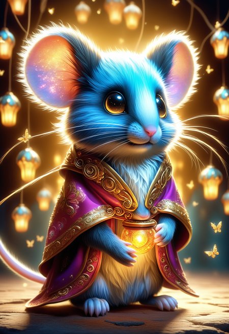 hyper detailed masterpiece,realistic,DonM1un4rN3wY34rXL  mouse baer, cute furry fuzzy creature, alluring gaze, fairy tail, ethereal, fantastic, playful expression, enchanting, guardian spirit, vengeful  in  weathered hidden chamber,ornamented  <lora:myLora\DonM1un4rN3wY34rXL-000006:.8>,