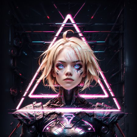 score_9,score_8_up,score_7_up, glitch, d1splaygl1tchl1nes, a glowing (triangle:1.2), (saber alter:1.0), cyborg, mecha, breasts, contrapposto, shiny, glamour, makeup, glossy, glowing eyes, anamorphic, science fiction, geometric, cyberpunk style  <lora:Glitch:0.7>  <lora:Display_Glitch_Lines_Effect_PONY_XL_by_UOC:0.7> <lora:futuristic_Concept:0.2> <lora:Cyberpunk_Style:0.2> <lora:TransHumanizm_Concept_PONY_XL_by_UOC:0.4>, (black background:0.8), particles, dust, lines, blonde hair, hair between eyes, ahoge