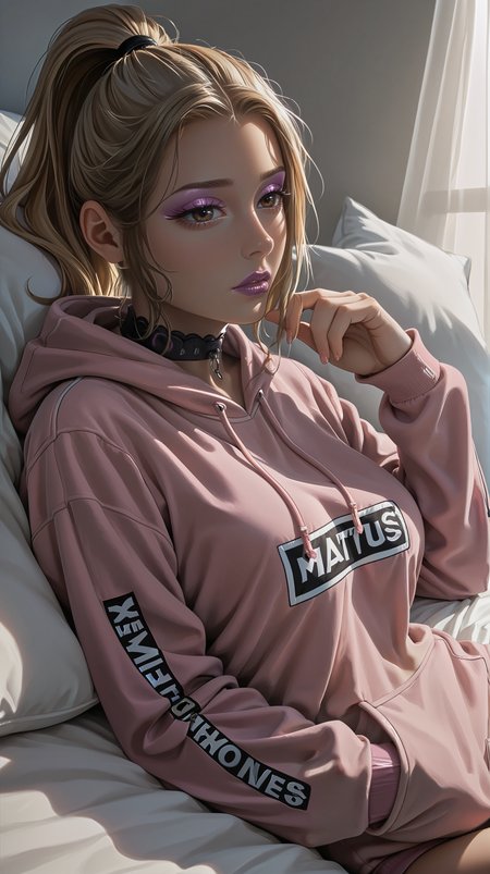 4n1v3rs3, score_9, score_8_up, score_7_up, (Western Comics), full body shot,  ultra detailed illustration, extremely detailed face, ((close_up, closeup, close up)),
(1 female), (25 years old), light brown hair, high ponytail, detailed hair, big  breasts, small lips, detailed brown eyes, matte purple lipgloss, pink glossy eyeshadow, soft matte powder,detailed body, detailed feet, detailed skin, small waist,
leather collar,  wearing onesie with , cute printed onesie, pillow, sheets, sad, horny, 
<lora:Pony_DetailV2.0:1>   <lora:Detailed_eyes:1>       <lora:43stl1ght1ngXLP2:0.6> 43stl1ght1ng, darkness, eye lighting