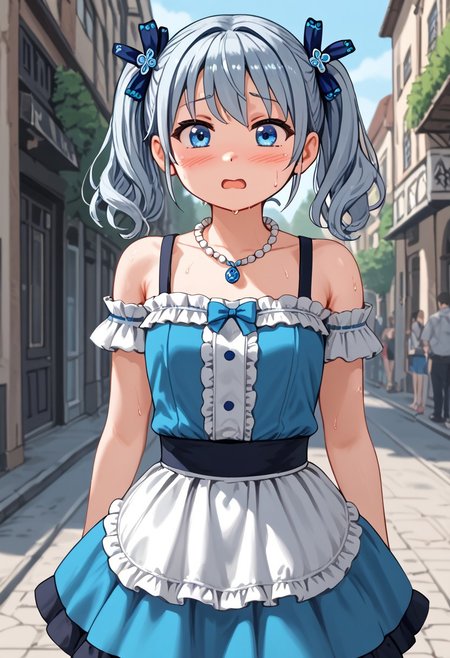 score_4,score_5,score_6,score_7_up,score_8_up,score_9 ((masterpiece,best quality,ultra detailed,highres,HD,4k:1.2)),
jyuukyuu, flat color, deformed, deformed characters, round face,
1 cute girl,solo,girl forcus,solo forcus, 
outdoors,
silver hair,twintails, necklace, bare shoulders, jewelry, pantyhose,blue eyes, blue hair ornament, skirt,frill, blush,open mouth,sweat,