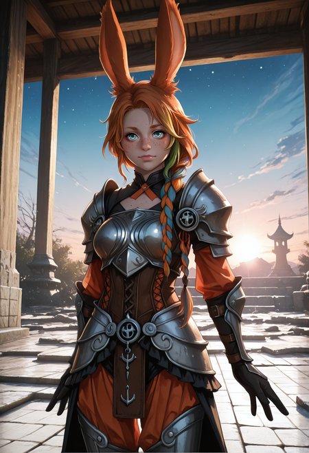 realistic, very awa, ambient occlusion, ray tracing, [sei shoujo], [rebecca_(keinelove)], [libbyframe], style parody, [bang_dream!], [arcane:_league_of_legends], [league_of_legends], saturated, colorful, (dynamic angle:1.3), (cowboy shot:1.2) BREAK 1girl, solo, <lora:Final_Fantasy_XIV_Races_Female_Viera_for_IllustriousXL:0.5> rabbit_girl, viera, <lora:anti_human_ears:0.7> rainbow hair, long braid hair , rabbit ears, aqua eyes, anchor tattoo , freckles, body freckles (beige skin:1.2), voluptuous body, , perfect hands, colored lips, (cheerful), BREAK ranger, wearing lace-trimmed (detailed dark orange_brown hide armor cuirass, romper), cross tie, gardbrace, mittens,, schynbald, BREAK medieval, fantasy, indoors, picturesque temple, stone floors, shrine,, standing, leaning back, , arms at side, summer, twilight, cool soft light, stars,, cinematic lighting BREAK <lora:reij-detaILer:0.8> <lora:light-000167:0.6> <lora:yazloba_darkfantasy_v.2:0.5> yazloba_dark_fantasy