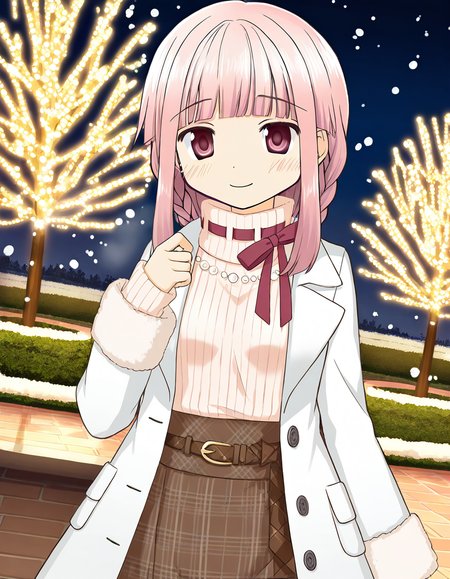 masterpiece, best quality, newest, absurdres, highres, safe, 1girl, tamaki iroha \(winter costume\), magia record: mahou shoujo madoka magica gaiden, solo, blush, snowing, park, dutch angle, <lora:tamaki_iroha_noobaiXLNAIXL_vPred10Version:0.7>