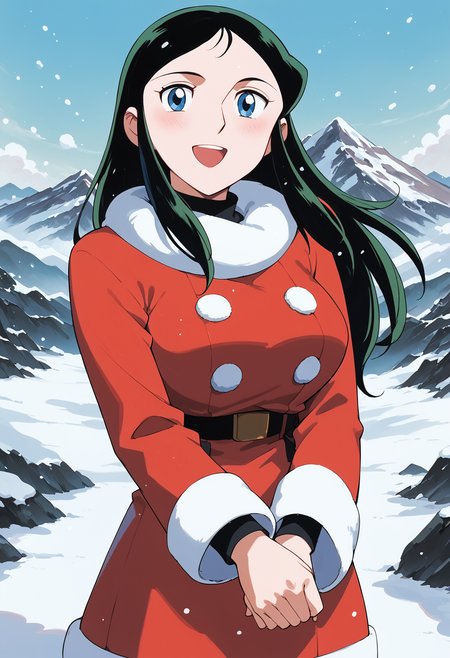 ginreigr, 1girl, solo,  fur-trimmed dress,red dress , short dress,  turtleneck,blue eyes, dark green hair , ,large breasts, smile , snow, mountain, <lora:ginreigr_pony2:0.9>snowing, looking at viewer,perfect hands, open mouth,cowboy shot, own hands together, (steam:0.6),hands up,  long hair,  long sleeves, clenched hand,, , score_9, score_8_up, score_7_up, score_6_up, score_ANIME,