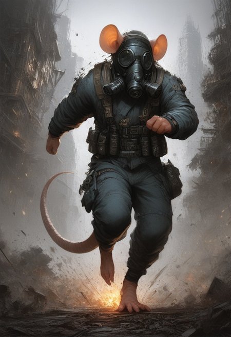 BREAK score_9, score_8_up, score_7_up, concrete building, explosion in background,  solo,  rat man, (gas mask: 1.5), grey swat gear,  dynamic pose, fully body shot, running from explosion , full body shot, front view, holding detonator, squad physique, (one tail: 1.5), (masterpiece, best quality, ultra detailed, intricate details:1.2), (detailed face:1.1), (rat folk:1.5)