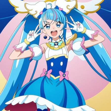 detailed background, shiny skin, posing, rating safe, 
<lora:curesky.pony:1.0>,
curesky, 
small breasts, hands on own hips, dancing, open mouth, smile, laughing, v-shaped eyebrows, blue eyes, portrait