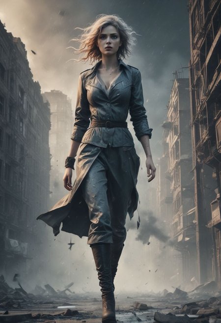 A character with an hourglass body wearing shorts clothes with a dramatic view angle, more intense lens flares, more dramatic lighting, deeper and more contrasted shadows, a colder color grading, crying,hot,sexy,chest,a desolate wasteland background and her expression is of fierce determination,thunder lights. 4k resolution, ultra HDR, and ghostly beauty. The image should reflect intricate details, raw photo quality, a windy atmosphere, dust particles in the air, include a broken clock or shattered glass, her hair flowing wildly in the wind, some cracked earth beneath her feet, a tattered, torn flag somewhere in the scene, and a distant storm approaching