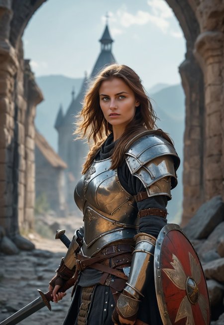 score_9, score_8_up, score_7_up, score_6_up, 1 girl, beauty, 23 yo, slav warrior, wearing Heavy armor, sword, shield, rugged with a battle-worn appearance, random background
 (8k uhd:1,4)
 <lora:add-detail-xl:1>
 <lora:Dynamic Poses:1>