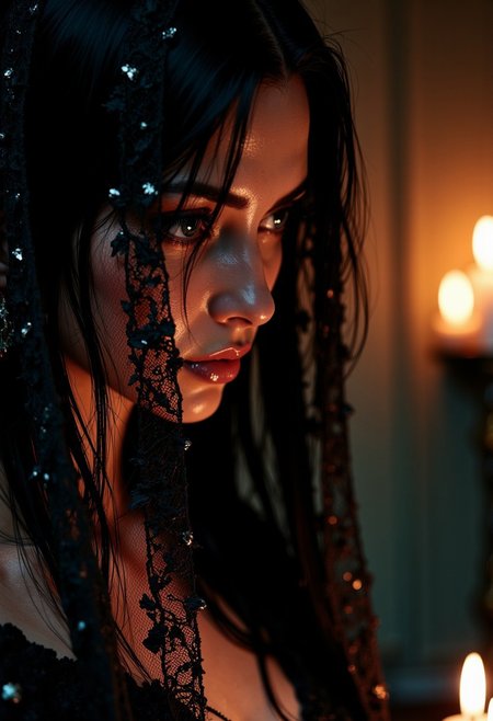 An atmospheric and powerful dark fantasy, natural organic and impressionist classical-style painting of a close-up head and shoulder portrait of a woman in a shadowy, candlelit room. Her face is framed by a delicate, sheer, laced veil that drapes over her forehead and falls to her shoulders, partially obscuring her features but allowing the soft glow of her eyes to shine through. Her eyes are downcast, filled with a hint of sadness, and her cheeks wet with tears that spilled down her from her eyes. Her lips are slightly parted, as if caught in a moment of vulnerability. She wears a silver earring in the shape of a crescent moon, glinting softly in the candlelight, and her long hair flows loosely beneath the veil, cascading over her shoulders. The veil is embroidered with tiny, shimmering stars that catch the light, adding a touch of ethereal beauty. The background is blurred, with hints of soft, glowing candles casting warm shadows over her skin, emphasizing the intimacy and emotional weight of the scene., (((ultra-realistic style))), realistic soft lighting, dark, eye-catching, atmospheric lighting, natural, shallow depth of field, (highlights: 0.8), high detail (dynamic, cinematic shot, film grain, bokeh, depth of field)