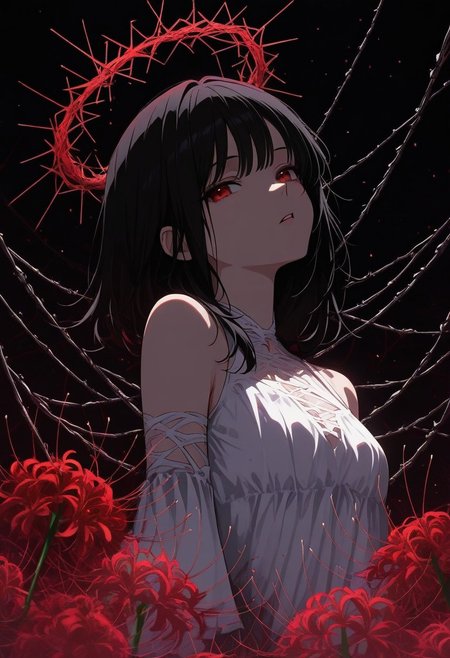 GLTST, Glitch, , 1girl, solo, flower, halo, dress, red flower, spider lily, black hair, white dress, looking at viewer, parted lips, upper body, red eyes, bare shoulders, spider web, black background, bangs, silk, medium hair