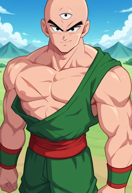 score_9, score_8_up, score_7_up,score_6_up BREAK ict style,tien,1boy, solo, male focus, looking at viewer, bald, black eyes, muscular male, cowboy shot, green sleeveless shirt, third eye, red sash, green wristband, standing, scar on chest, serious, single bare shoulder, cloud, blue sky, mountain,smirk,green pants <lora:TienPony:1>        <lora:BootyFarmPony:1>