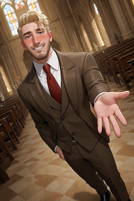 best quality, amazing quality, very aesthetic, absurdres, newest, dynamic angle, intricately detailed illustration, depth of field, masterpiece, volumetric lighting, expressive, dynamic action, masterpiece, perfect, clean detail, clean lines, smooth shading, 
BREAK, church, smiling, looking at viewer, blush, offering hand, wedding, 
BREAK, 1boy, male focus, solo,coralscott,blonde hair,short hair,blue eyes,facial hair, formal, dark brown jacket, white collared shirt, red tie, dark brown pants, black shoes