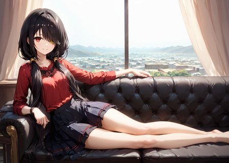 score_9, score_8_up, score_7_up, score_6_up, score_5_up, score_4_up, , scenery, masterpiece,  best quality, very aesthetic,, 
,  looking at viewer, laying, modeling on sofa,  <lora:Kurumi_Tokisaki:0.8> black hair, red eye, long hair, twintails, hair over one eye, yellow eye, heterochromia, clock eye, red shirt, plated skirt, black shirt, sitting, smiling,legs kicking,