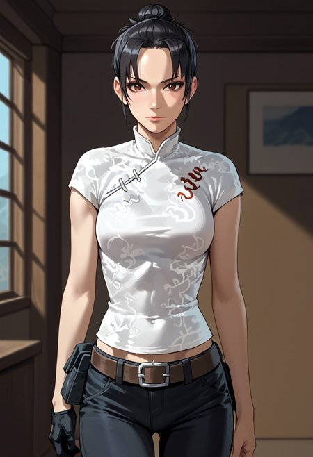 score_9, score_8_up, score_7_up, source_realistic, BREAK 1girl, solo, fongling, black hair, hair bun, Chinese clothes, single glove, belt, pouches, pants,