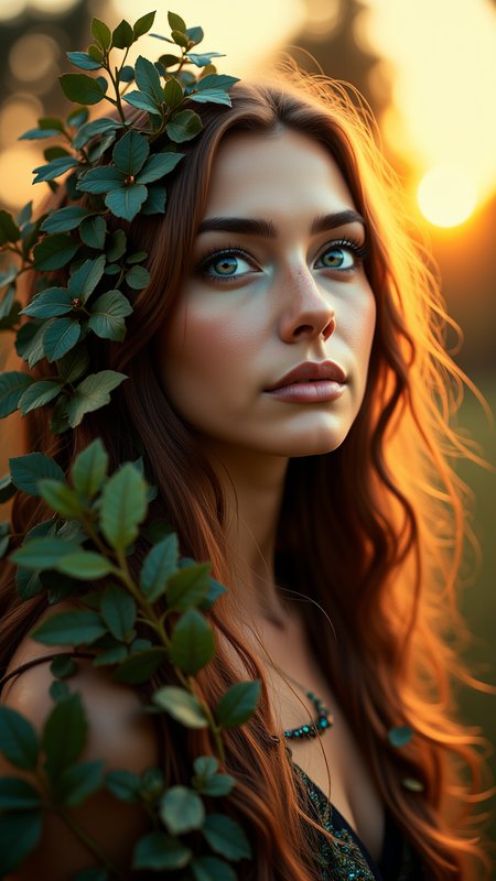 In a surreal and whimsical scene, a woman with long brown hair and sparkling blue eyes gazes out at the sunset. Her hair is adorned with intricate patterns of green leaves and flowers, aidmaMJ6.1, aidmaimageupgrader
