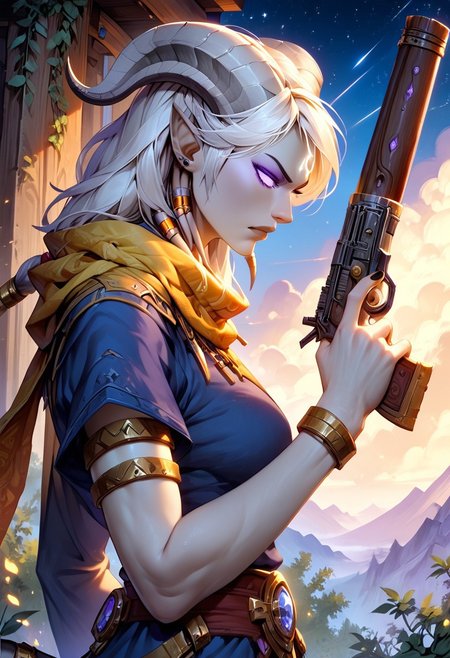 masterpiece, score_9, score_8_up, score_7_up, score_6_up, world of warcraft, detailed face, 
outdoor, mountains, night, stars, 
(female, mature, draenei, h0rns, ram horns, white horns, athletic arms, pale white skin, long white hair, four fingers, one thumb, black nail polish), (purple eyes), stern face, stern look, 
(long loose blue dress, simple armlet, yellow silk scarf), GunMonk, shotgun, 
side view