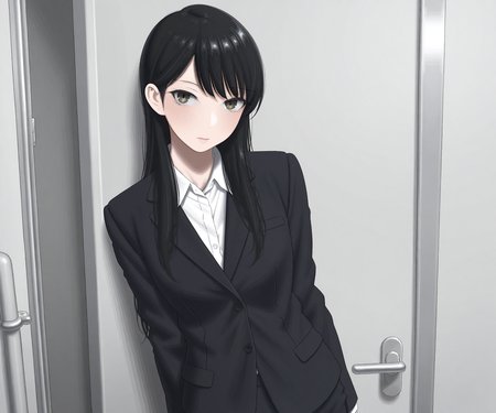 masterpiece, best quality, amazing quality, sfw, 1girl, solo, business suit,  black hair, , looking at viewer, <lora:kaminari-doon style ILL-v2:1> kaminari_doon