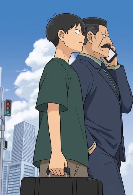 {subject:2boys}, from below, from side, dutch angle, (age difference:1.5), boss and secretary, best quality, masterpiece, very aesthetic, absurdres, highest detailed, very awa,
{subject}, building, skyscraper, blue sky, cloudy sky, traffic light, outdoors,
{subject}, behind another, (20-yo boy), (skinny), green shirt, short sleeves, walking, holding case, upper body, looking at another, annoyed, following,
{subject}, <lora:Kiyonaga_Matsumoto_from_Detective_Conan_v1.1:1> (plump), kiyonagamatsumoto, mature male, black hair, no eyebrows, flattop, thick mustache, forked mustache, scar across eye, blue suit, talking on phone, walking, angry, cowboy shot, male focus,