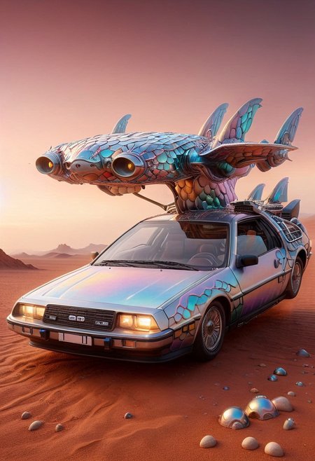 (low angle shot:1.4), an editorial photo of a black style delorean time machine Hyperrealistic painting of a Delorean time machine, meticulously crafted to appear as if captured by an advanced camera, floating gracefully amidst a herd of ethereal, cloud-like creatures. The scene unfolds in the tranquil expanse of the upper atmosphere, with the Delorean's serene, contented expression emphasized. Every minute detail is rendered with exceptional precision, pushing the boundaries of realism, from the intricate textures of the car's body to the delicate wisps of the floating creatures. The image exudes an aura of tranquility and harmony, as if frozen in time. parked outside an American diner on Mars, (scene set on the planet Mars:1.2), red sky, red sands of Mars, highly detailed, retro futurism, science fiction, clean lines, fine art photography, award winning photography, film grain,