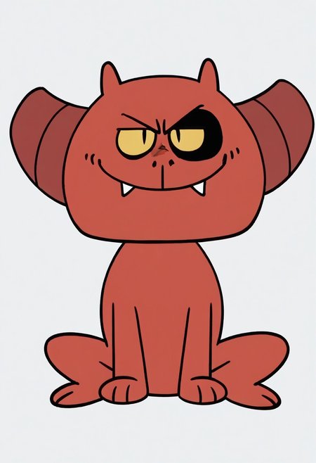 (score_9 | score_8_up | score_7_up) ((masterpiece:1))(best quality,very high quality,ultra detailed:1.2) (2D,cartoon style,anime style)(Smooth:2)(clean blurring) (four fingers on each hand,one thumb on each hand:1), charles, dog, all fours, black spot on left eye, impish, demon, red skin, small pointed nose, pointed tail, yellow eyes, slit pupils, two small horns, two large curved horns on sides of her head, pair of deformed fangs, smug, full body