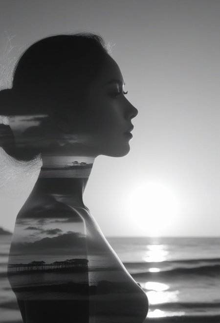 high quality, 8K Ultra HD, A beautiful double exposure that combines an goddess silhouette with sunset coast, sunset beach should serve as the underlying backdrop, with its details incorporated into the goddess , crisp lines, The background is monochrome, sharp focus, double exposure, by yukisakura, awesome full color, the scene  nide the lady's body