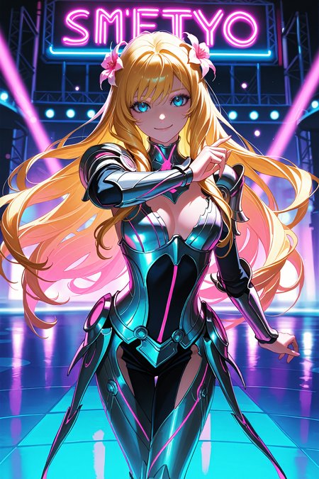 masterpiece, best quality, absurdres,
<lora:SmiteAphrodite:1.0>
SmiteAphrodite, 1girl, long hair, blonde hair, blue eyes, armor, flower, looking at viewer, dancing in a empty disco floor, smiling, with pink and blue neon lights, at night in Tokyo, cinematic light