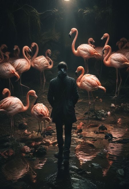 Death & Flamingos , sad environment, Dark, melancholic, Epic, hyper detailed, ultra realistic, top dramatic lights, dynamic shadows